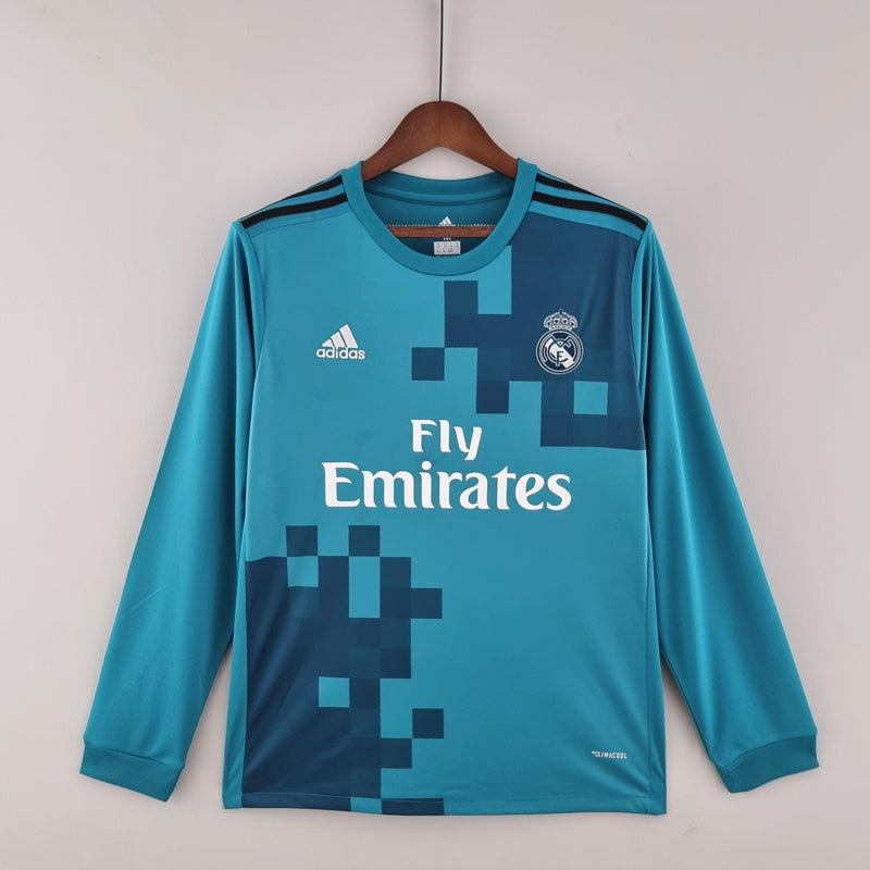 Camisa Real Madrid Retro 17/18 Manga Longa PATCHS  - Adidas Torcedor Masculina Azul